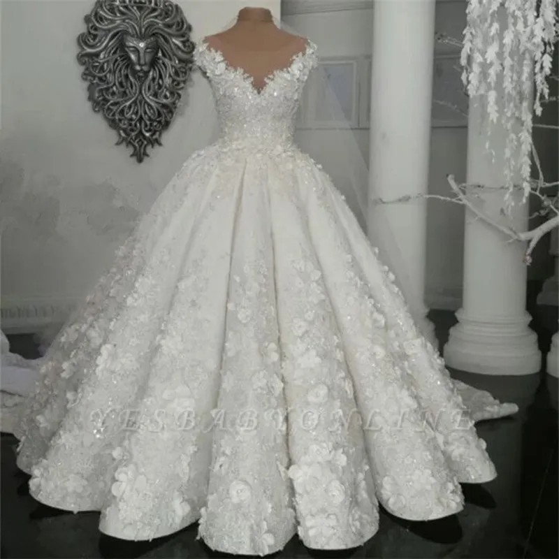 Gorgeous Scoop Crystal Ball Suknie Ślubne Suknie Ślubne Z Handmade Kwiaty Robe de Mariee Sheer Szyi Długie suknie ślubne