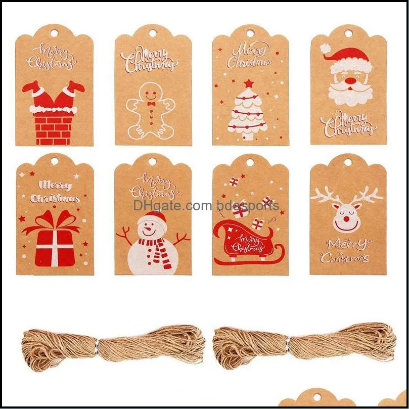 Juldekorationer festliga partiförsörjning Hem Garden 2021 100pcs Kraft Paper Tree Sticker Merry Gift Tag Santa Claus Snowman DIY Wrap