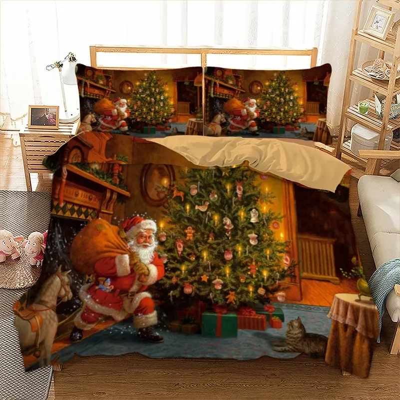 クリスマス寝具セットツインフルクールクイーンキングAUシングルイギリスダブルサイズ布団カバー3D寝具枕枕ベッドリネンキッドクリスマスギフト201210