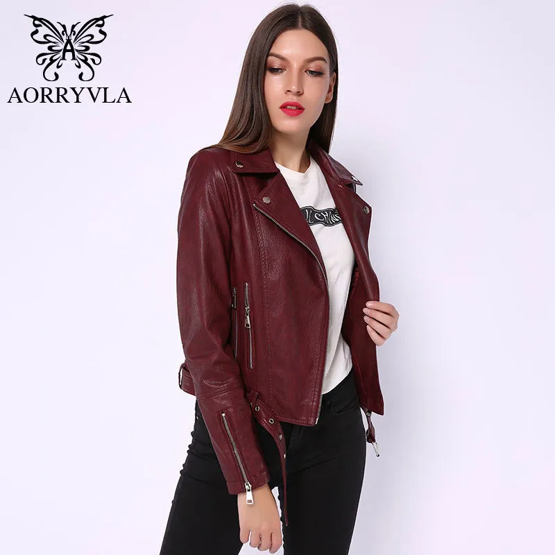 AORRYVLA Faux PU Veste en cuir Femmes Col rabattu Noir Moto Dames Manteau Zippers High Street Femme Biker Veste 201030