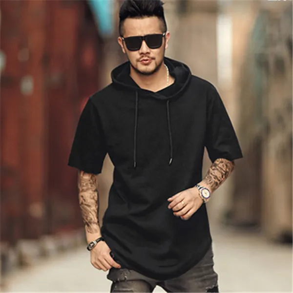 Mode-New Male Designer Massivfarbe Kurzarm Hoodie Lose Hip-Hop Arc Saum Seite Reißverschluss Casual T-Shirt Männer