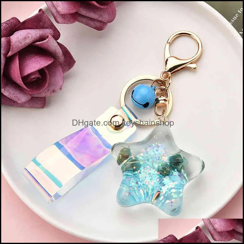 Creative Korean version quicksand Sequin acrylic oil starfish shell Keychain magic color laser leather rope bag Pendant