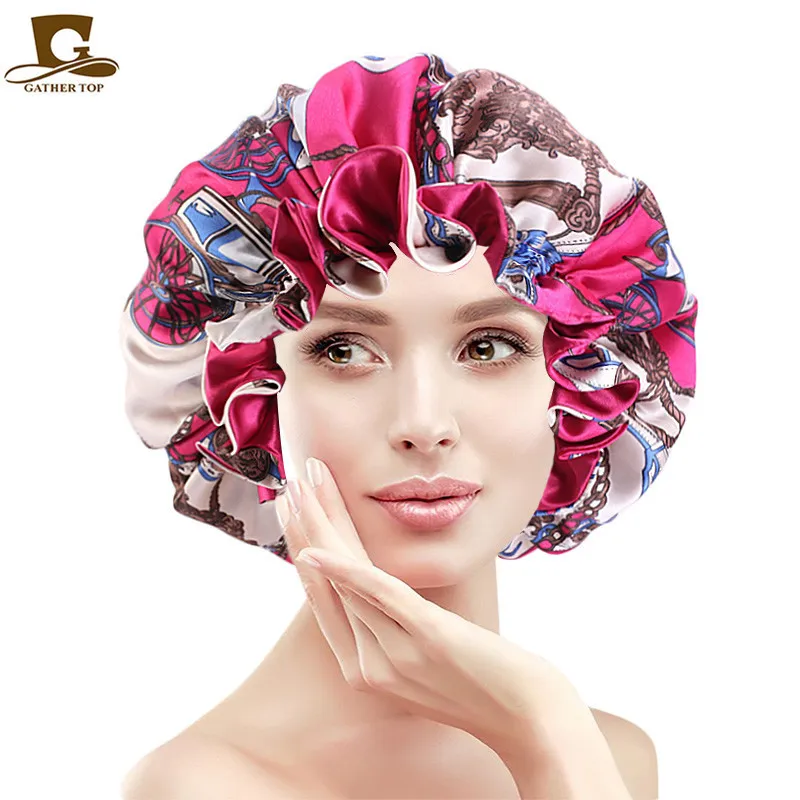 New Large satin linned bonnet sleep cap Double-sided Reversible Satin Bonnet Hat Silky Night Sleep Cover Cap Ladies Hair Styling