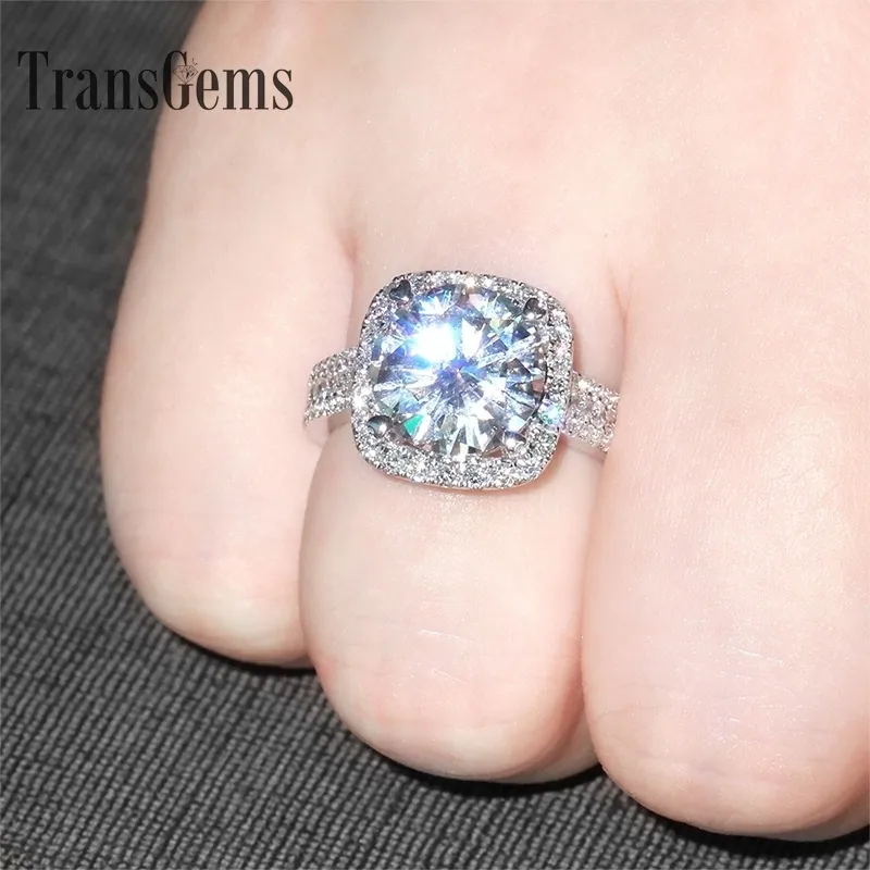 トランスジェム5カラットCTの婚約の結婚式のモアッサナイトダイヤモンドリングラボダイヤモンドのアクセント本物の14K 585ホワイトゴールドY200620