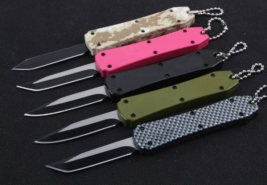 5 colors Middle push mini Key buckle autotf EDC pocket knife aluminum knives xmas gift knife 440C drop tanto D/E blade a2075