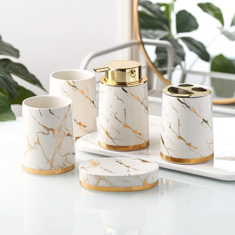 Bath Accessory Set Golden Marble Bathroom Decoration Accessories Ceramic Toothbrush Holder Soap Dispenser Toothpaste Box