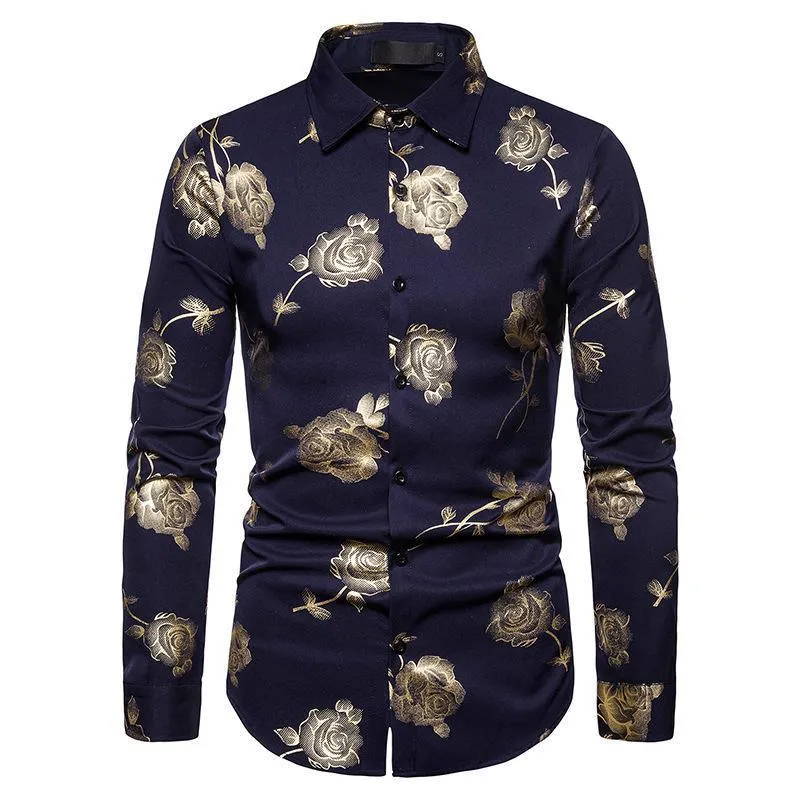 Erkek Elbise Gömlek Tek Göğüslü Çiçek Baskılı Smokin Gömlek Erkekler Için Tam Kol 2021 Kanat Yaka Ofis Giyim Sonbahar Gül Bluz ABD Boyutu