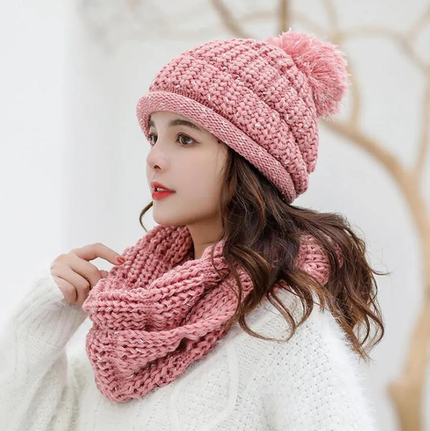 Kvinna knit beanie hatt och halsduk set 7 färger pom pom beanies vinter varm söt tjejer mode keps