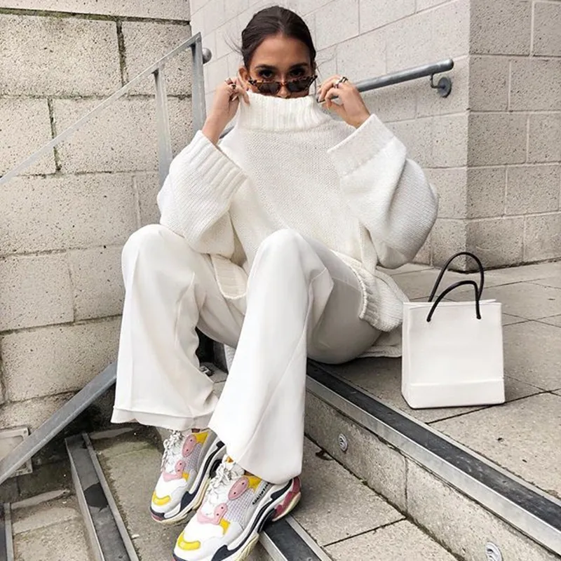 Style White Pullover Top Style Baggy White Turtleneck Women's