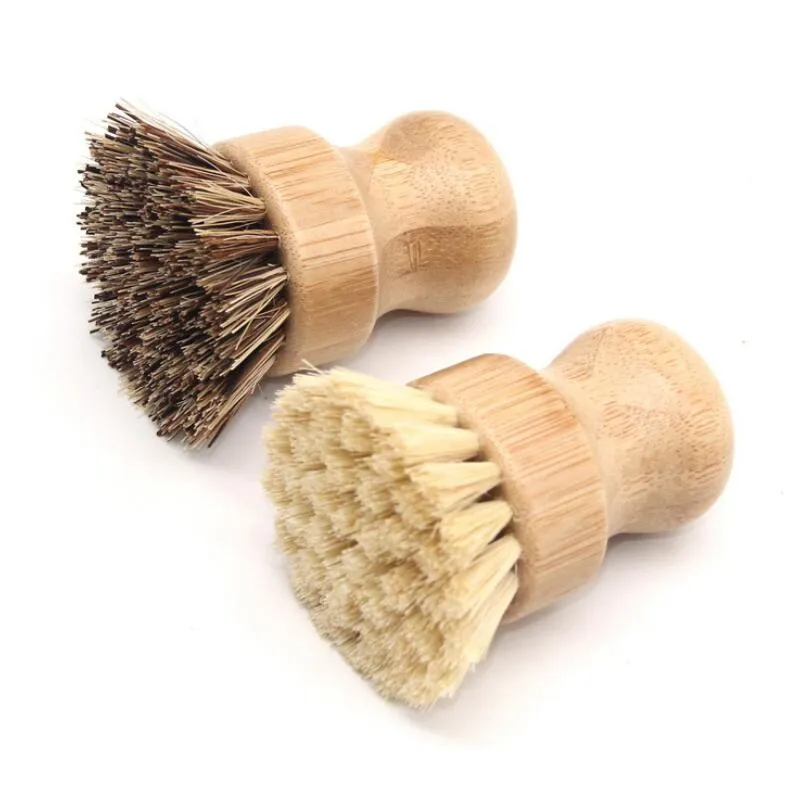 Round Wood Brush Handle Pot Dish Household Sisal Palm Bamboo Kitchen Chores Rub Cleaning Brushes GGD2823