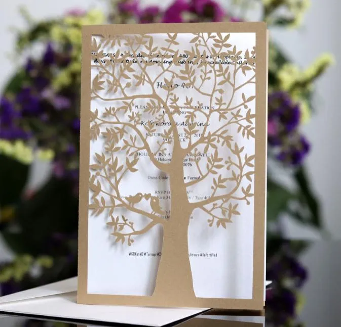 Hochzeitseinladungen, lasergeschnittene Hochzeitseinladungen, Liebesbaum-Hochzeitsfeier-Einladungssets, leere Innenseite mit weißem Umschlag