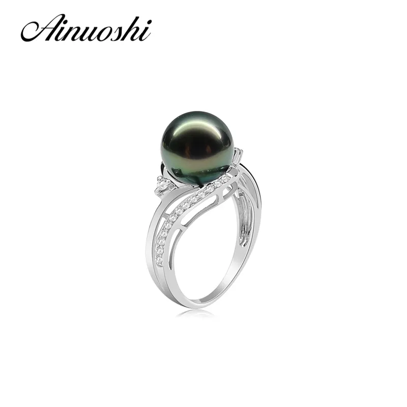 AINUOSHI 9.5-10mm noir perle de Tahiti ronde perle bague en argent sterling 925 femmes mariage fiançailles anniversaire anneaux bijoux Y200106