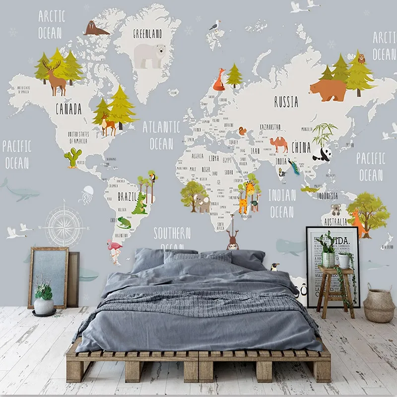 Personalizzato Foto Wallpaper Cartoon World Map bambini in camera da letto Sfondo parete Home Decoration murale De Parede 3D