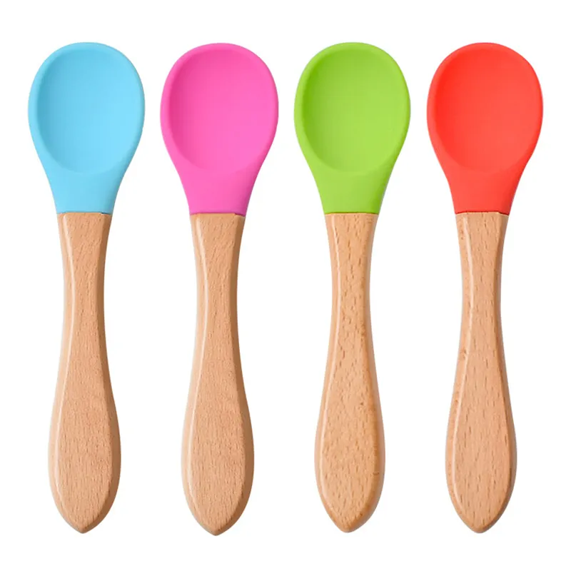 Baby Feeding Spoon Wooden Handle Silicone Spoon Anti-Scald And Fall Resistance Training Spoons