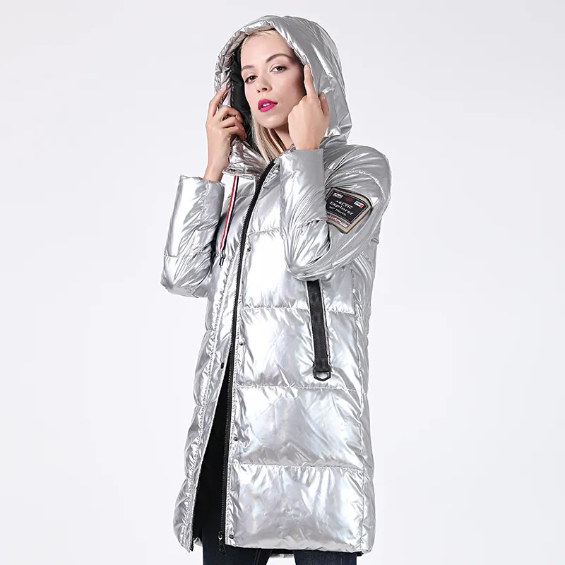 Silver Holographic Glitter Hooded Winter Jacket For Women Plus