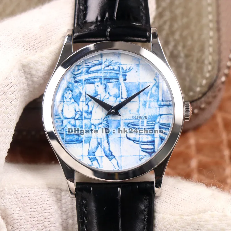 Flirt handtuigen Calatrava Azulejos "One Day bon" Enamel Cal.240 Automatic Mens Horloge 5089G-061 Blue Dial Lederen Band Rents Horloges