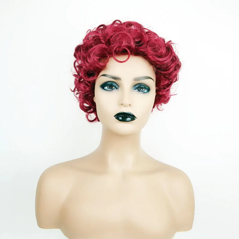 Krótka kręcona syntetyczna peruka z grzywką Burgundia symulacja ludzkich włosów Peruki do włosów do czarnych białych kobiet K07
