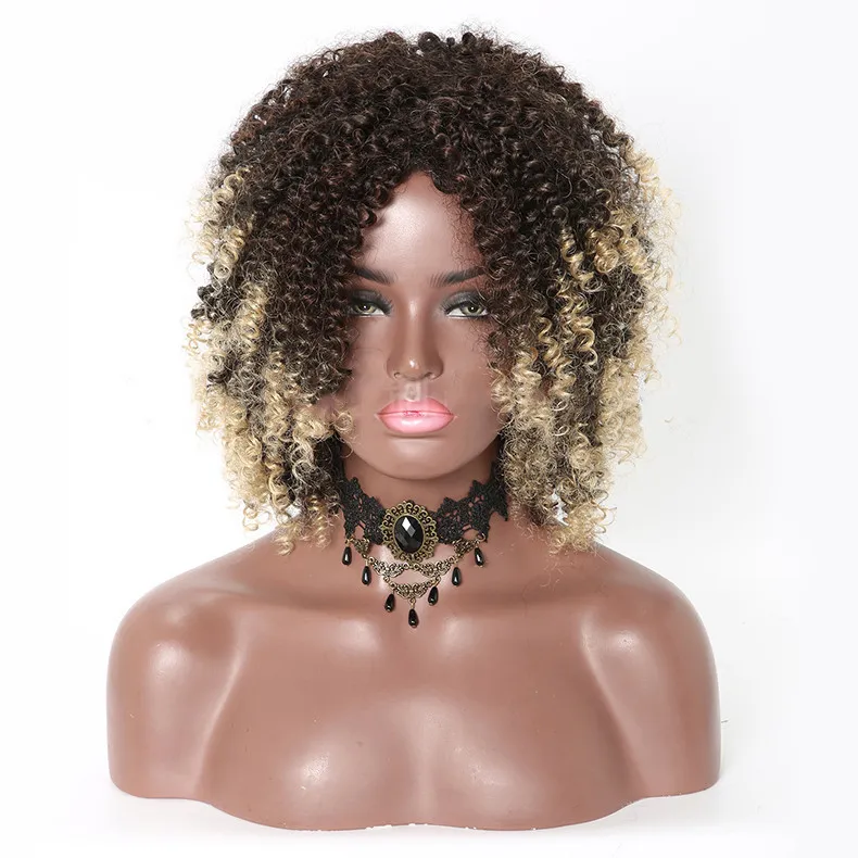 Afro Kinky Curly合成ウィッグシミュレーション人間の髪Perruques de Cheveux Hamens Pelucas Wigs for Blackk Women JS7118