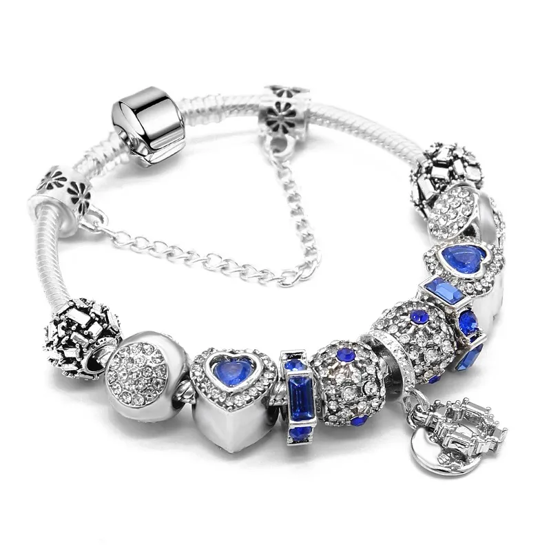 925 Sterling Silver Blue Charm Koralik Fit Europejskiej Pandora Bransoletki Dla Kobiet Serce Kryształ Kot Kot Kamienny Kamień Balloon Kryształ Urok Koraliki Wąż Łańcuch Moda Biżuteria