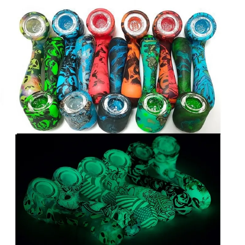 DHL Glow In The Dark pipa da fumo in silicone Tubi con ciotola Bella mini pipa per bong petrolifero Acqua Narghilè Bong Pezzo Cucchiaio piegato Tipo Indistruttibile Luminoso