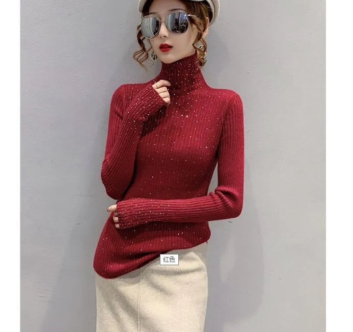 Nieuw design Women Turtleneck lange mouw stretchy stof gebreide strass Patched Shinny Bling Sweater Top Shirt Truvover Jumper