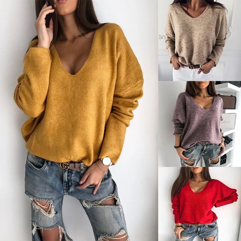 Women Knitted Pullover Top Long Sleeve V neck Sweater Elegant Laies Loose Knitwear Dames Casual Streetwear Clothes