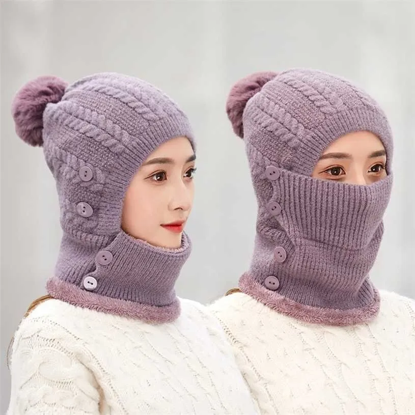 K251 Winter Hat Women's hat Warm Knitted Bib Bubble Thick Wool Cold With Earmuffs Baotou Cap 211229