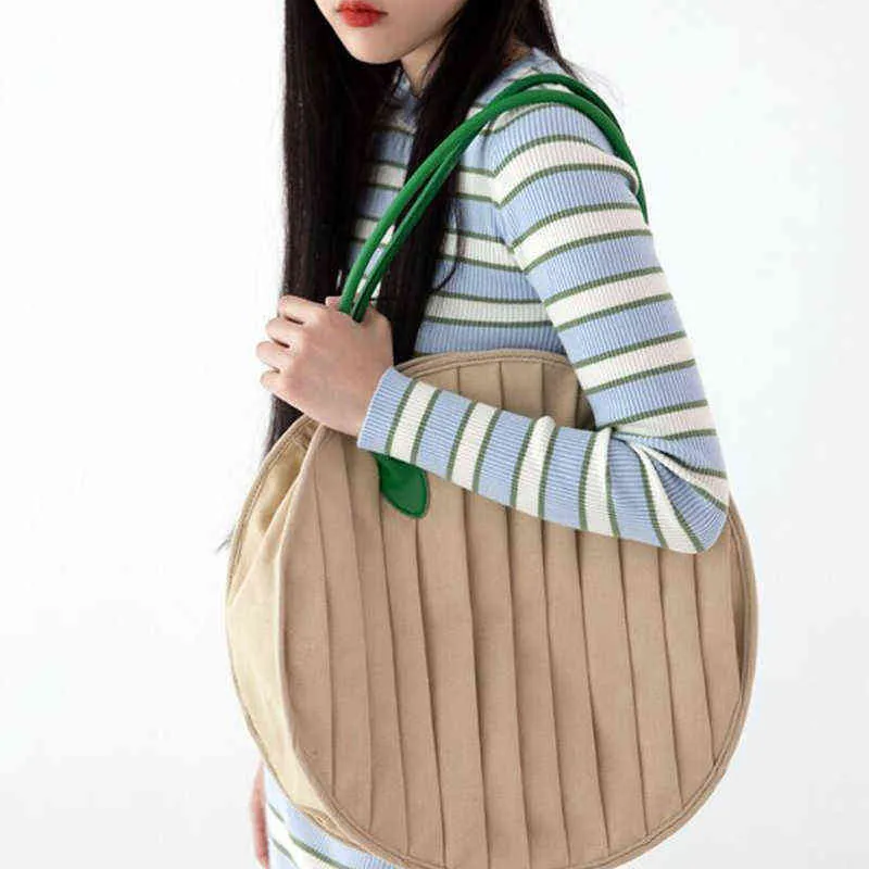 Einkaufstaschen Koreanische Runde Kreisförmige Plissee Schulter für Frauen Marke Designer Geraffte Vintage Damen Seite Tasche Aprikose Große Weibliche Handtasche 220307