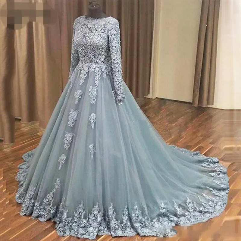 2020 Elegant Grå Blå Långärmad Aftonklänning Kvinnor Event Tillfälle Formell Kappor Custom Lace Tulle Prom Dress Vestidos de Festa