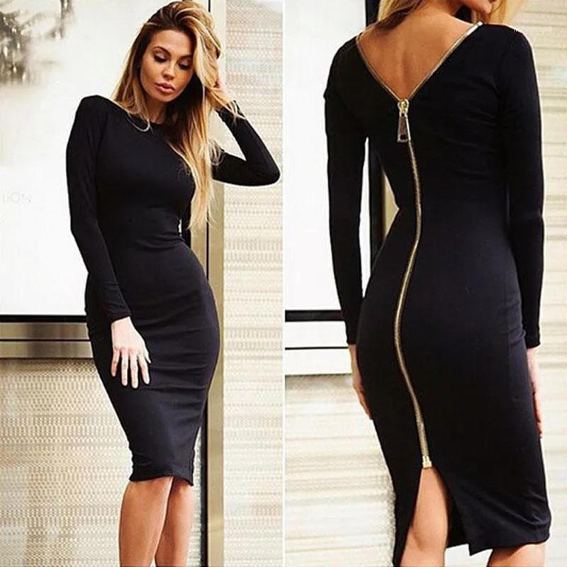 Mode Svart Långärmad Party Dresses Kvinnor Kläder Tillbaka Full Zipper Robe Sexig Femme Pencil Tight Dress11