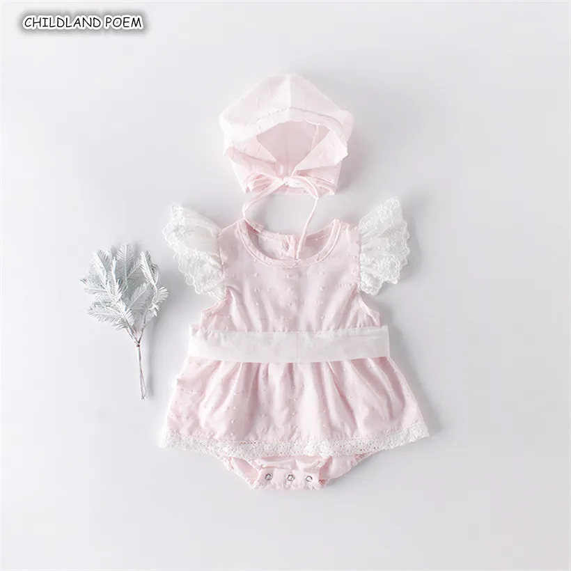 Newborn Romper Summer Lace Princess Girl With Hat Infant Jumpsuit Birthday party Baby Clothes Sunsuit 201027