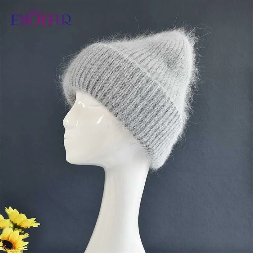 ENJOYFUR Warme Angora Wolle Hüte für Frauen Weiche Dicke Weibliche Winter Gestrickte Kappen Mode Breiten Bündchen Plain Russland Ski Marke beanie 211229