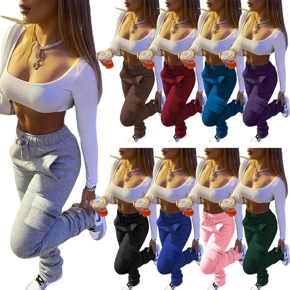 Sznurek Flare Trend Joggers Damskie sportowe spodnie z polaru Ciepłe grube ułożone spodnie dresowe Streetwear