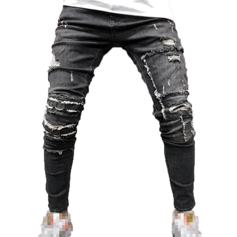 Erkekler Jeans Gri Erkekler için Yırtık Sonbahar Moda Ince Elastik Bel Sıkıntılı Adam Rahat Skinny Denim Kalem Pantolon Pantalon Homme