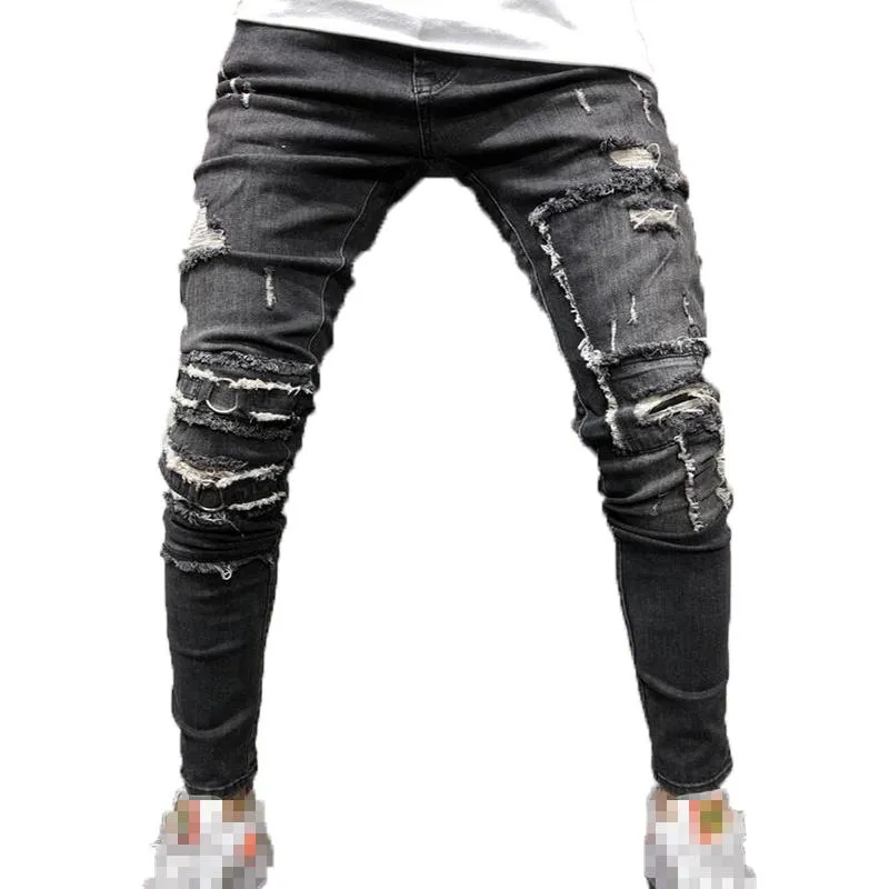 Heren jeans grijs gescheurd voor mannen herfst mode slanke elastische taille noodlijdende man casual skinny denim potlood broek pantalon homme