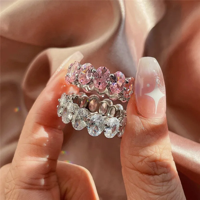 Anillos de boda Anillo de diseño de amor de lujo corte princesa mujer Plata de ley 925 corazón rosa circonita ovalada ajuste de punta Anillos de compromiso de boda para mujer diamante