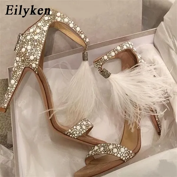 Eilyken 2020 Sandaler Skor Kvinna Tassel Open Toe Woman Pumps Pearl Crystal Tunna Heels Party Shoes Zipper Sapatos 0928