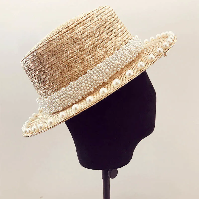 Elegant Handmade Pearl Trim Straw Boater Hat 6cm Short Brim  display picture 2