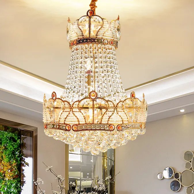 Coroa Europeia Cristal Chandeliers Led Luz Americano Luxo Luzes Luzes Luminárias Lobby Lobby Lobby Sala de Jantar Lâmpadas Pingente Diâmetro50cm Altura56cm