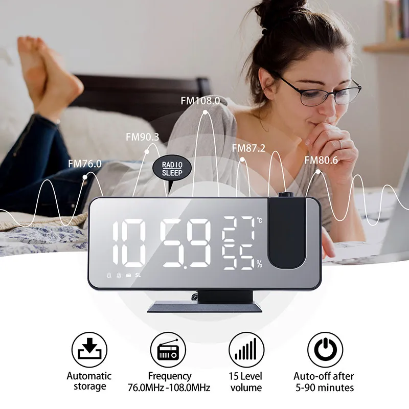 Desk Electronic Alarm Clock Table Large Screen LED Digital Alarm Clocks 180° Rotate Projector FM Radio Makeup Mirror Snooze Temperature Humidity Display ZL0595