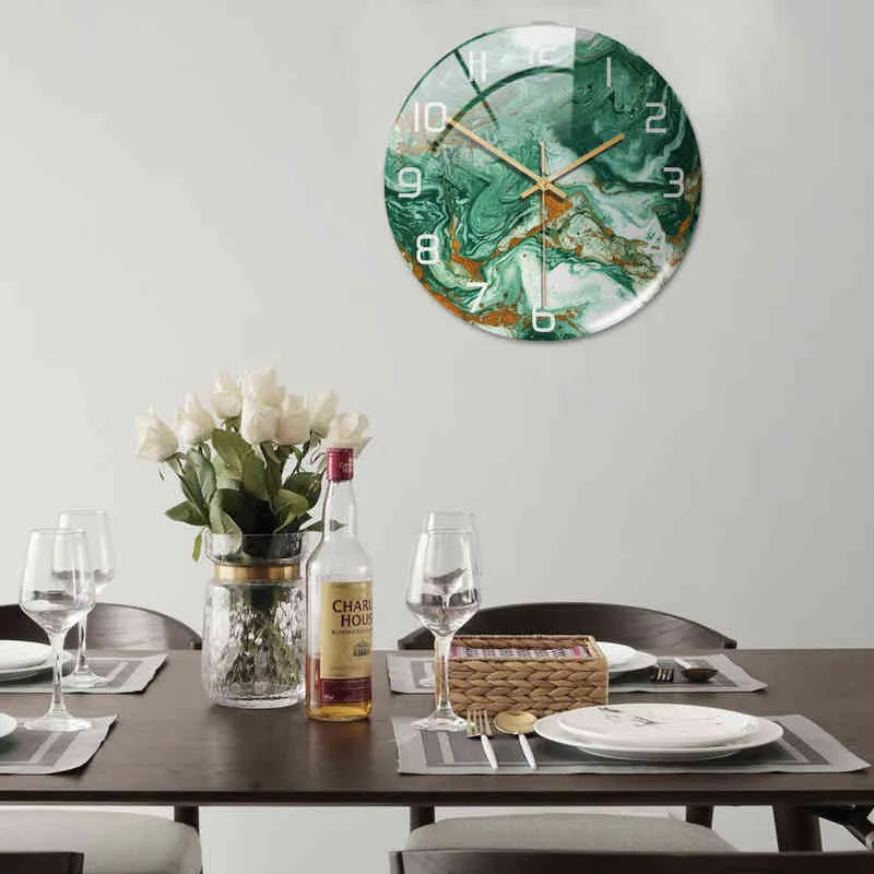 Ronde Marmeren Luxe Grote Wandklok 3D Creativiteit DIY Acryl Glas Quartz Horloge Woondecoratie Woonkamer Decoratie Wandklok H1230