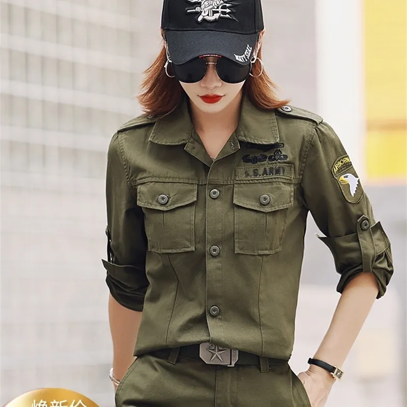 Military wind work clothes army green shirt women's long sleeve loose thin square collar camouflage jacket