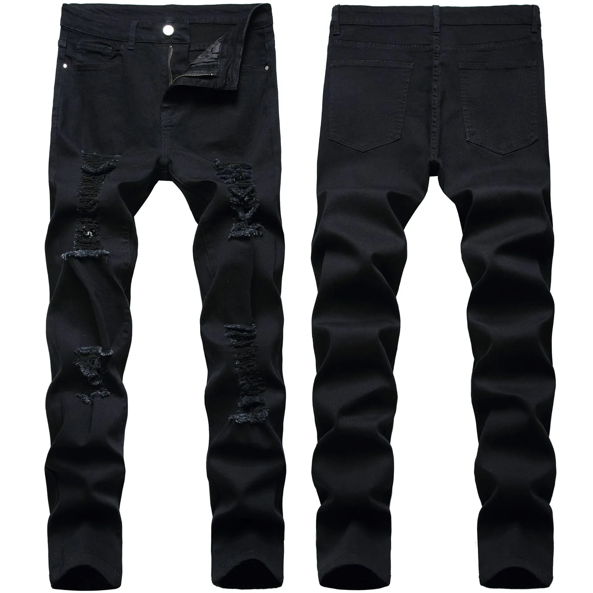 Herren-Jeans, Retro-Jeans, Schwarz, Stretch, Lochriss, Slim-Fit, hochwertige, modische, lässige Denim-Hose