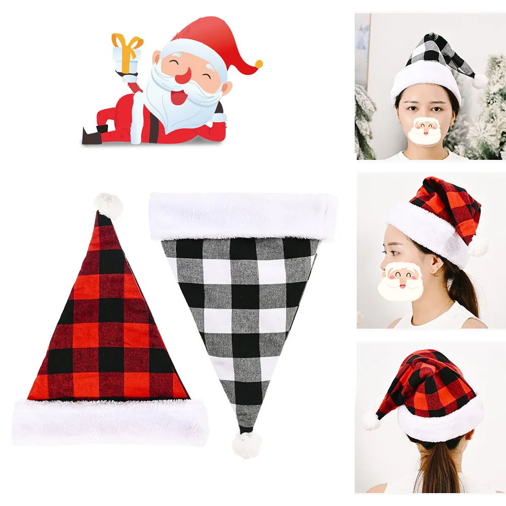 Juldekorationer Plaid Hat Creative Santa Claus Cap Svart och vit rutig vuxen hatt Julhatt W-00373