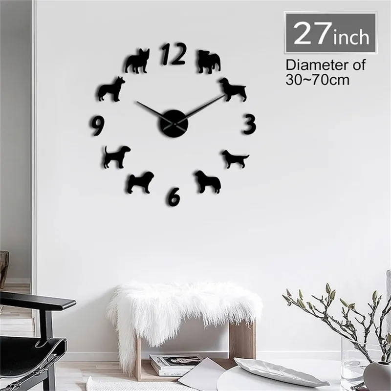 Verschillende rassen DIY Klok Moderne Pug Leuke Puppy Grote Horloge Giant 3D Spiegel Frameloze Muursticker Dog Lover Gift 201212