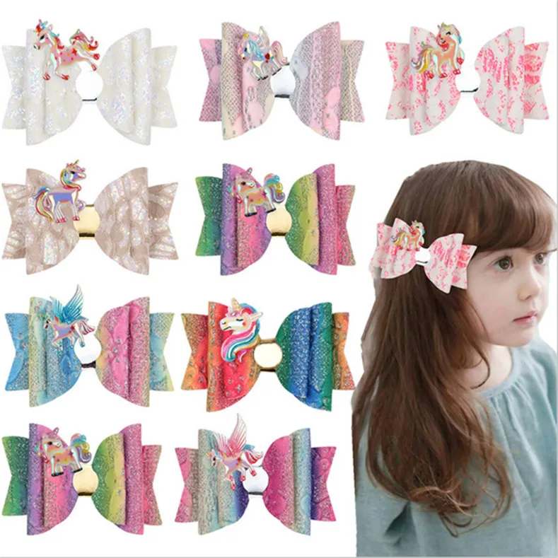 Dzieci Dziewczyny Cartoon Unicorn Glitter Hairpins PU Skórzany łuk Knot Hair Hairbow Hair Klipy Shiny Bowknot Barrettes Baby Headdress E123104