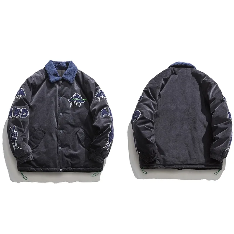 JING ZHE Embroidered Corduroy Vintage Jackets Men Thicken