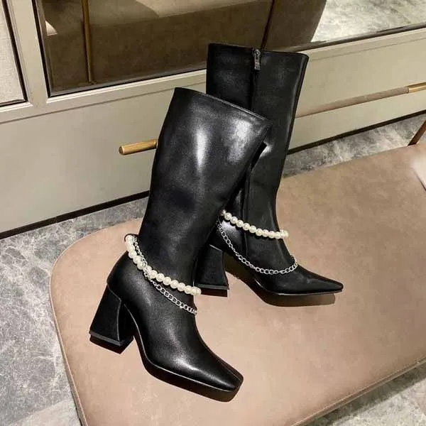 Nuevas botas a media pantorrilla con punta cuadrada y tacón alto, botas de mujer de charol para caballero, botas de mujer 2020, zapatos de invierno para mujer