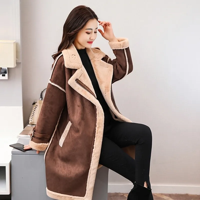 Winter Womens Brown Faux Fur Lined Suede Warm Jackets For Women