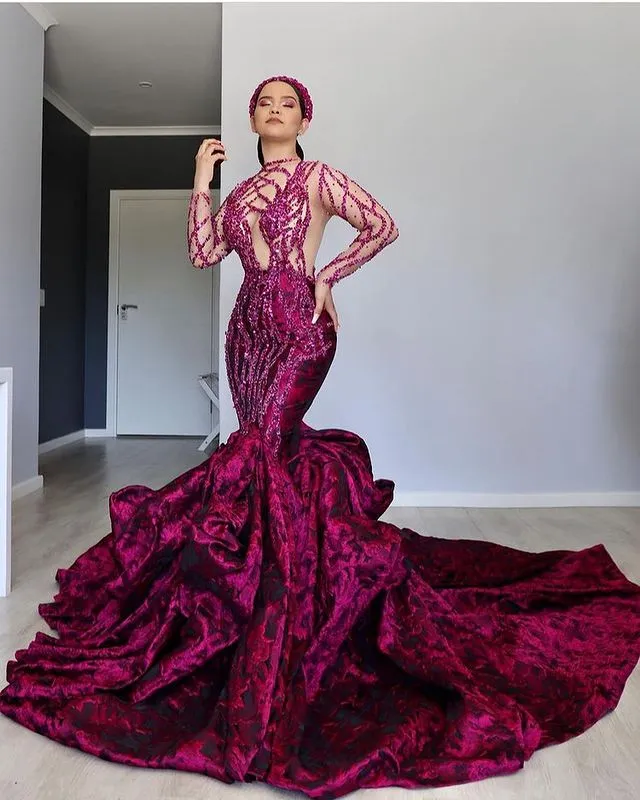 2022 Plus Size Arabic Aso Ebi Burgundy Luxurious Mermaid Prom Dresses Beaded Sequins Evening Formal Party Second Reception Engagement Gowns Dress ZJ706